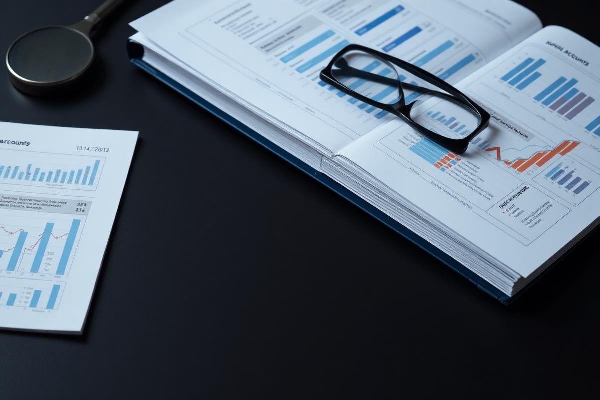 Corporate financial reports and annual accounts on a desk