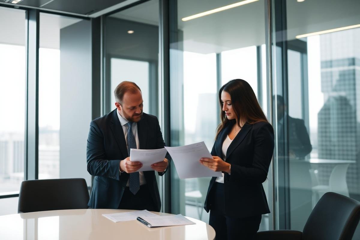 Corporate banking meeting reviewing financial documents in a glass-walled office