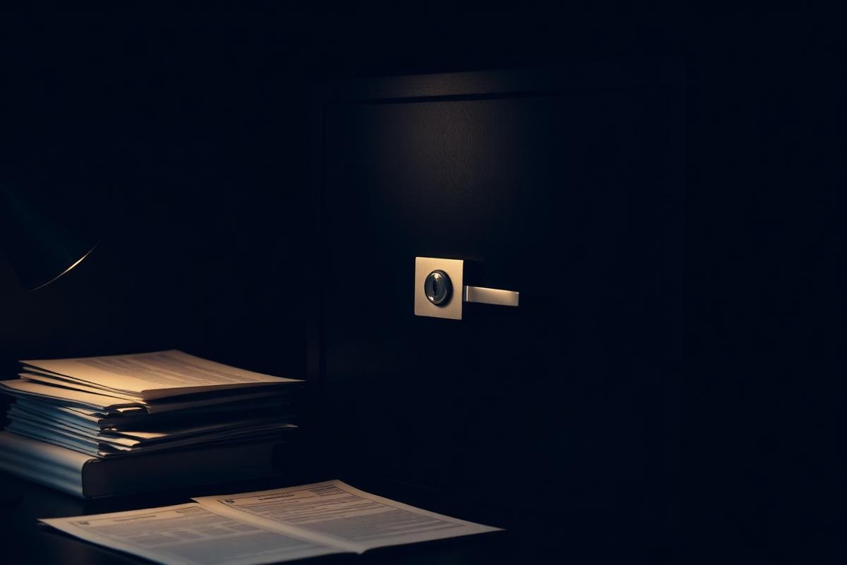 Secured cabinet and confidential documents in a dimly lit office