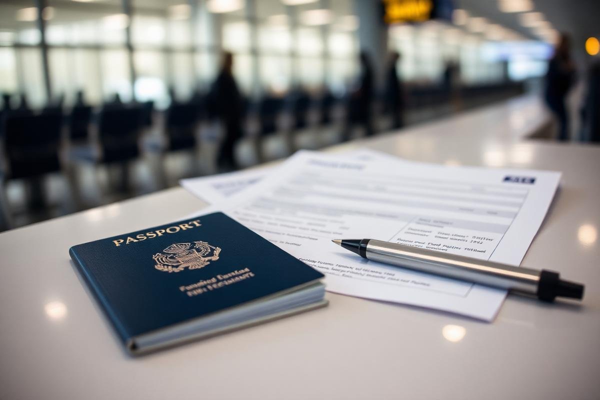 Passport and visa application documents on a desk at an airport terminal