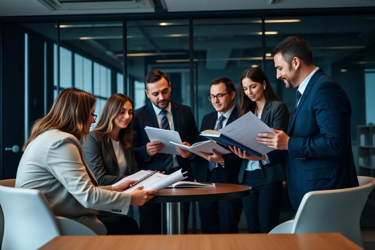 Corporate professionals reviewing governance and compliance documents
